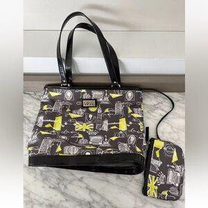 Lulu Guinness London Purse Bag Wristlet Black Green England Landmarks Union Jack